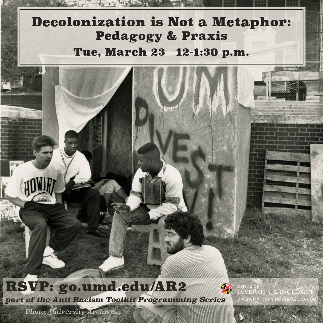 Event details are repeated over a photo from the University Archives of four people sitting on grass in front of a plywood structure. The structure has "U-M Divest" spray painted on it