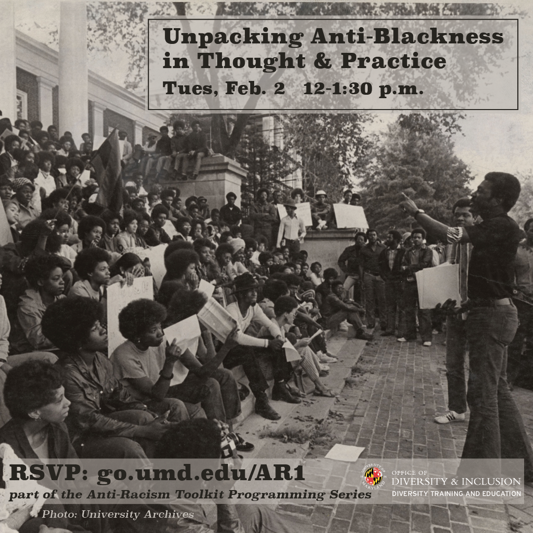 Event details are repeated with the DTE logo over a black-and-white photo from the University Archives of mostly Black, 70s-era students protesting on the library steps