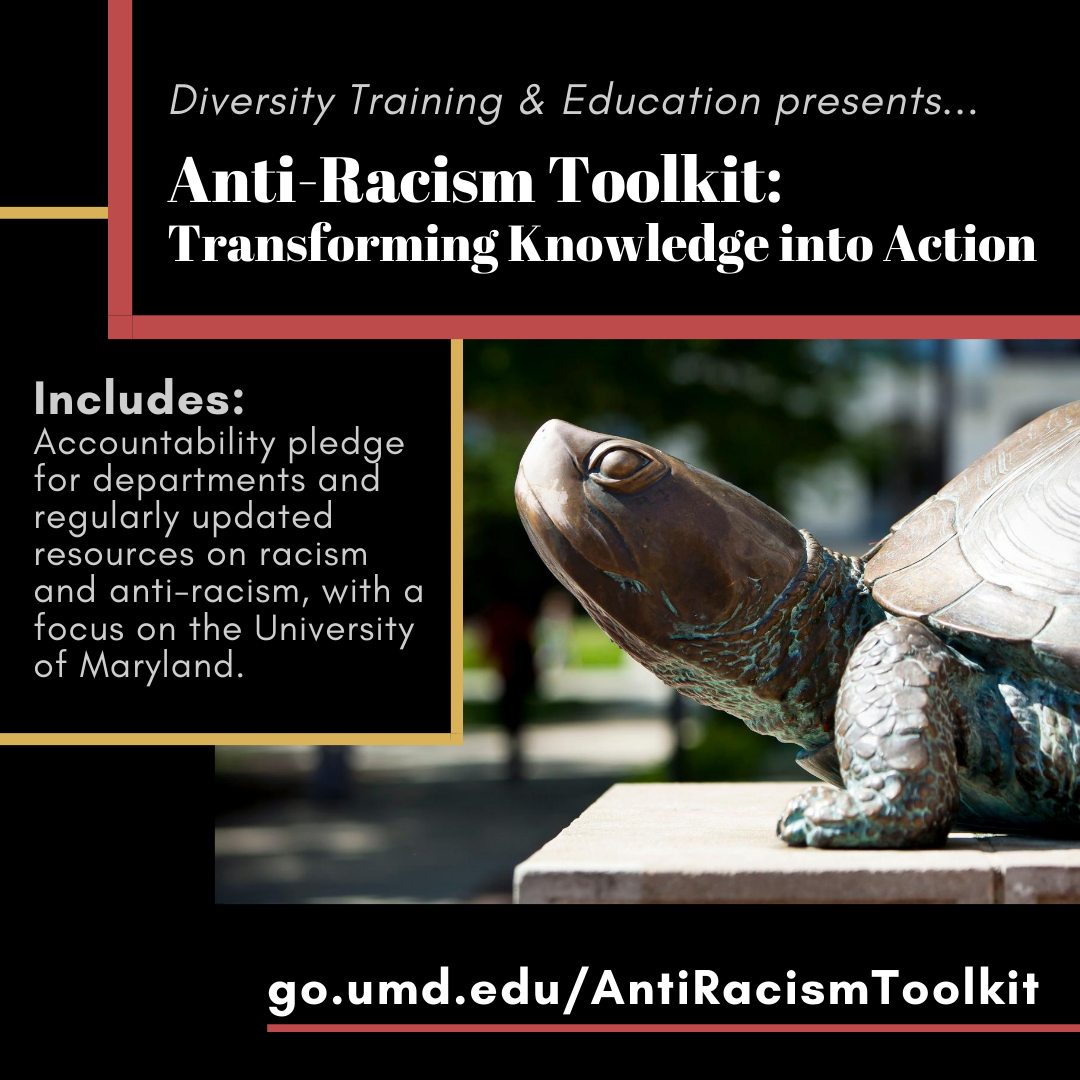 Flyer for the anti racism toolkit with a statue of Testudo the terrapin