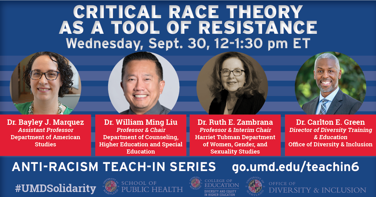 Event flyer for Critical Race Theory panel with portraits of the speakers